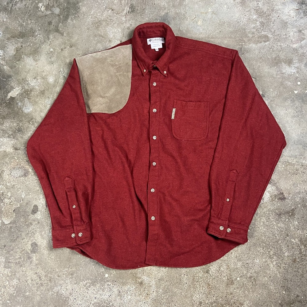 Vintage 90s Columbia Button Down Shooting Shirt Size XL Red Suede Patch Gunsmith